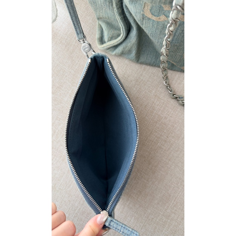 CHANEL 「現貨」牛仔銀釦子母手提肩背沙灘包 33*29*13 9新 配件塵袋-9