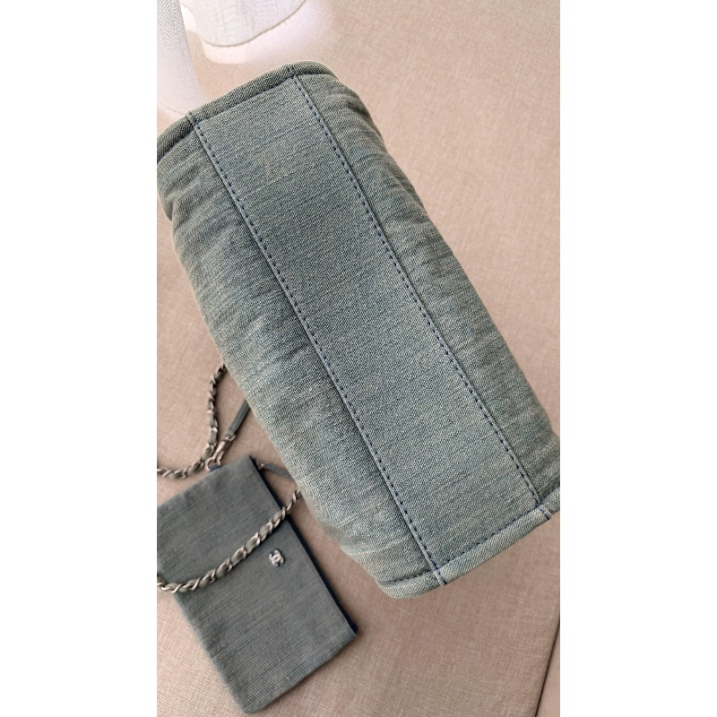 CHANEL 「現貨」牛仔銀釦子母手提肩背沙灘包 33*29*13 9新 配件塵袋-14