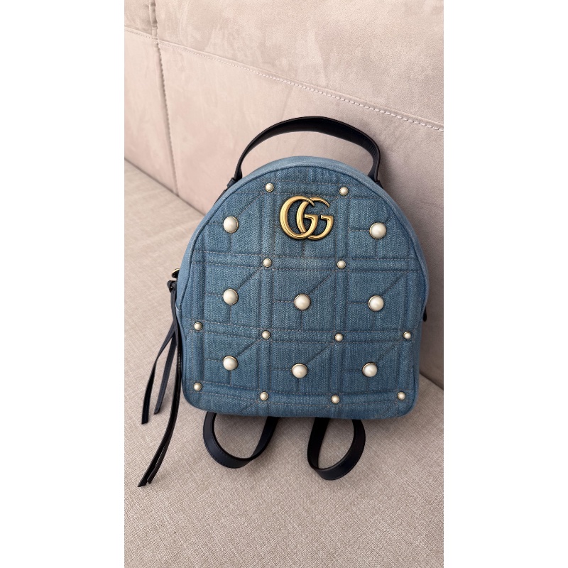 Gucci 「現貨」牛仔珍珠後背包 95新  配件塵袋  23.5*25*11-1