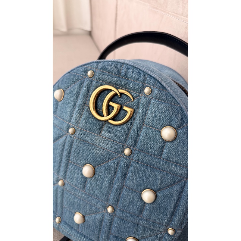 Gucci 「現貨」牛仔珍珠後背包 95新  配件塵袋  23.5*25*11-2