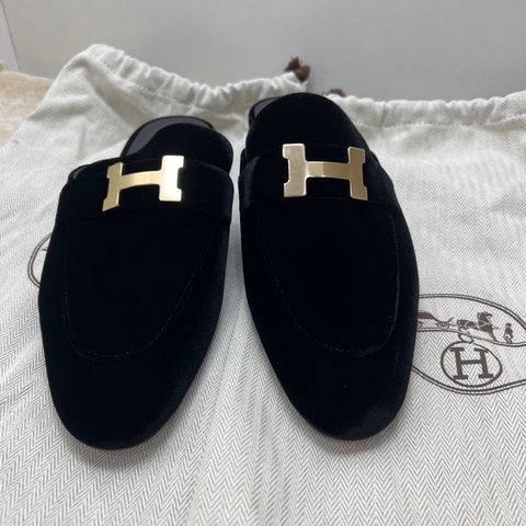 99新 Hermes 愛馬仕 康康黑色絲絨拖鞋 37碼