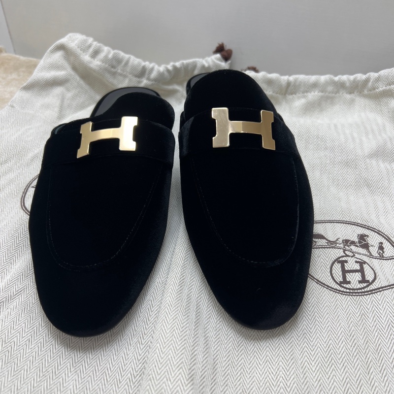 99新 Hermes 愛馬仕 康康黑色絲絨拖鞋 37碼-0