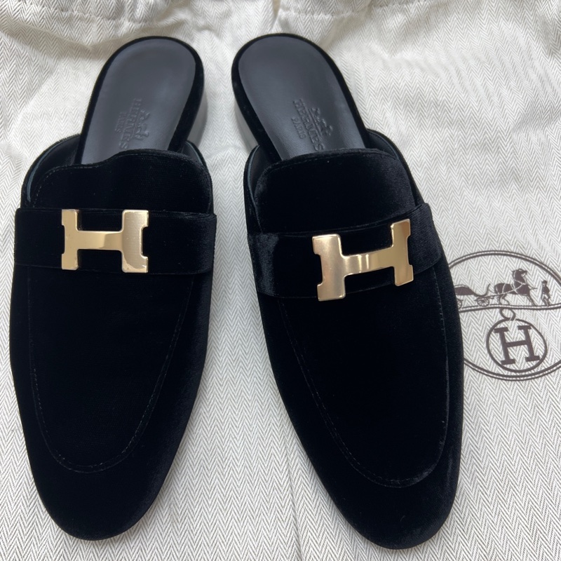 99新 Hermes 愛馬仕 康康黑色絲絨拖鞋 37碼-1