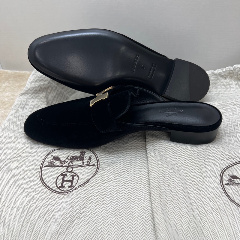 99新 Hermes 愛馬仕 康康黑色絲絨拖鞋 37碼-2