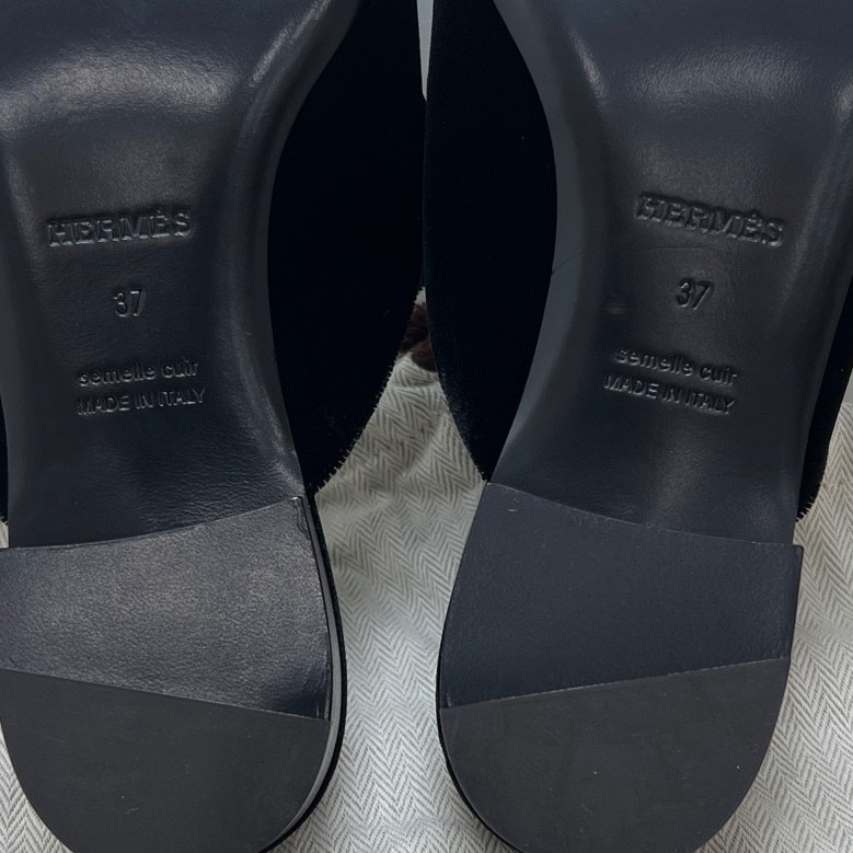 99新 Hermes 愛馬仕 康康黑色絲絨拖鞋 37碼-4