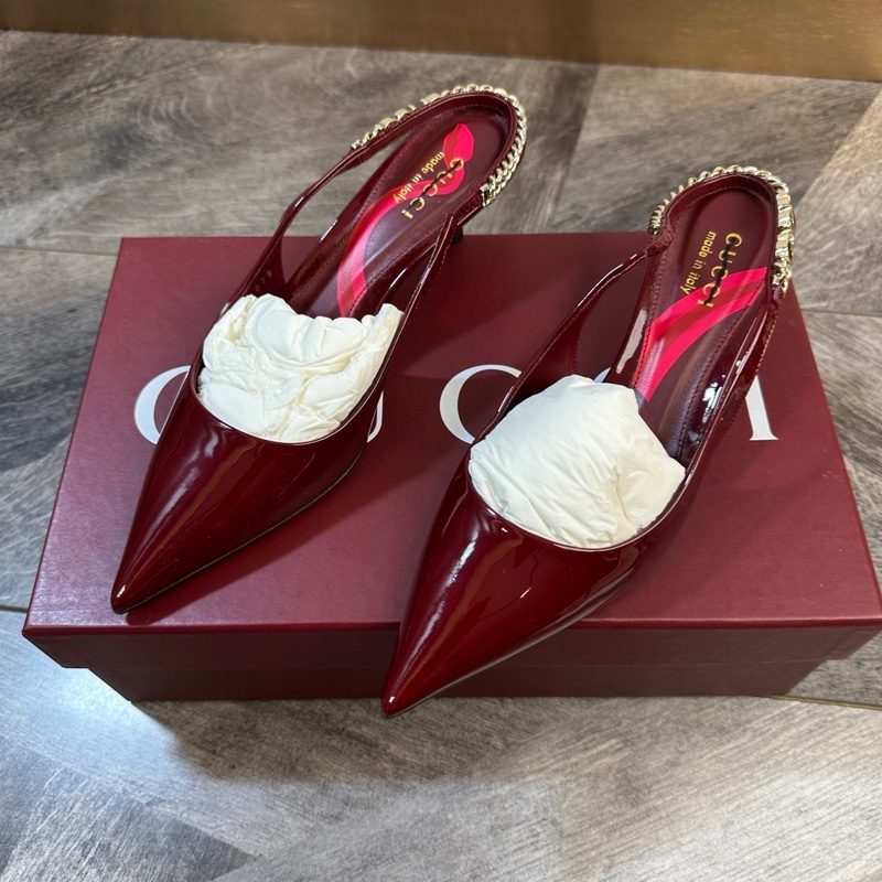 全新 Gucci 古馳 Signoria 全皮金色logo 尖頭鞋 包頭涼鞋 跟高4cm 摩登復古 37碼-1