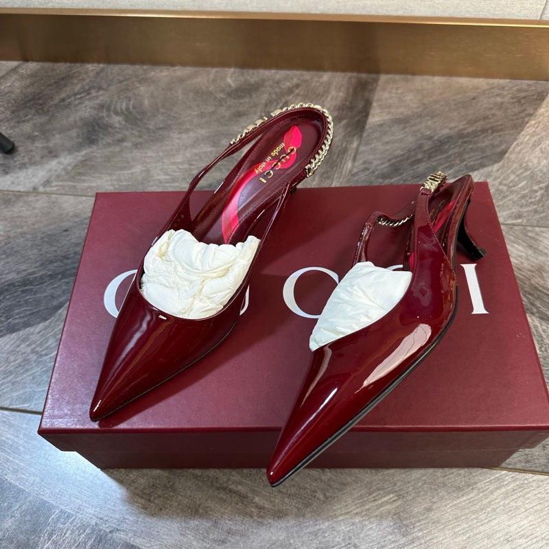 全新 Gucci 古馳 Signoria 全皮金色logo 尖頭鞋 包頭涼鞋 跟高4cm 摩登復古 37碼-3