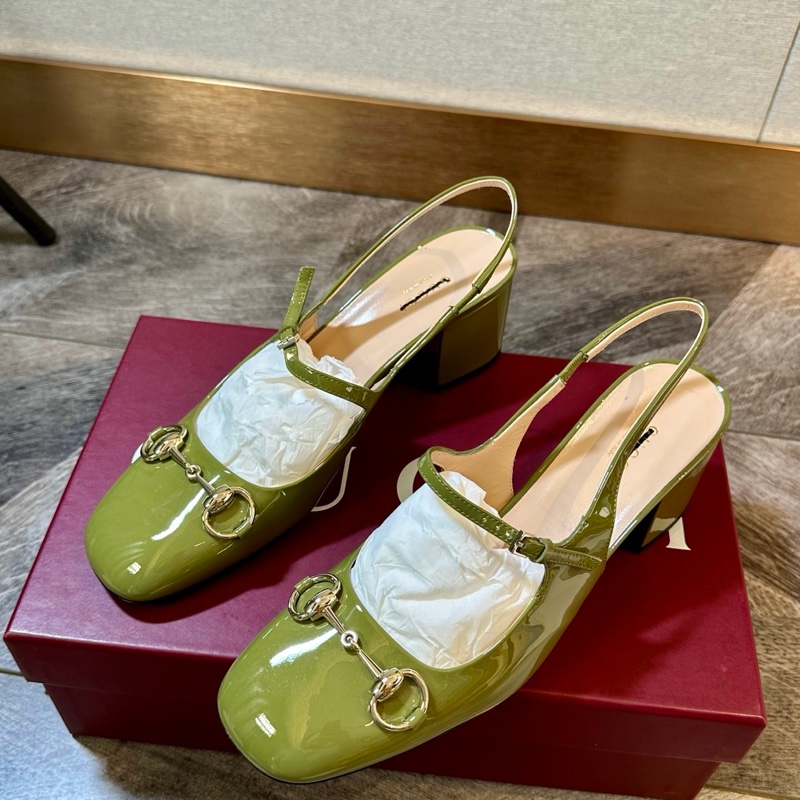 全新 Gucci 古馳 新款金色馬銜扣漆皮瑪麗珍包頭涼鞋 跟高5cm 上腳舒適百搭38碼-1