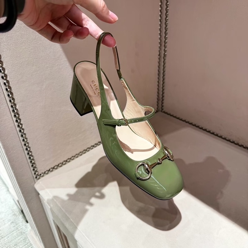 全新 Gucci 古馳 新款金色馬銜扣漆皮瑪麗珍包頭涼鞋 跟高5cm 上腳舒適百搭38碼-5