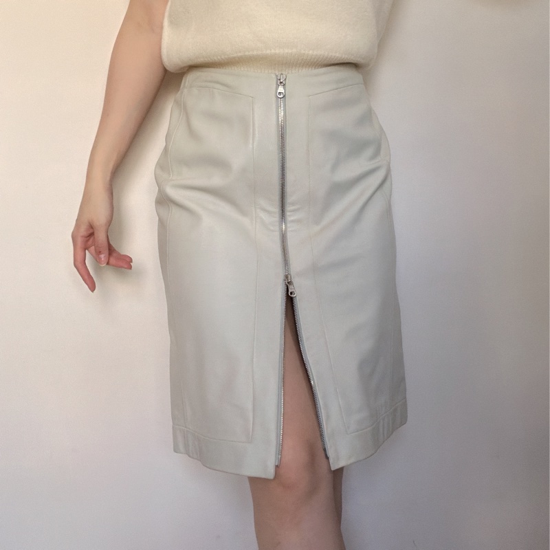 Loewe 灰白色 小牛皮 皮裙 柔軟透氣四季可穿 S-M號-4