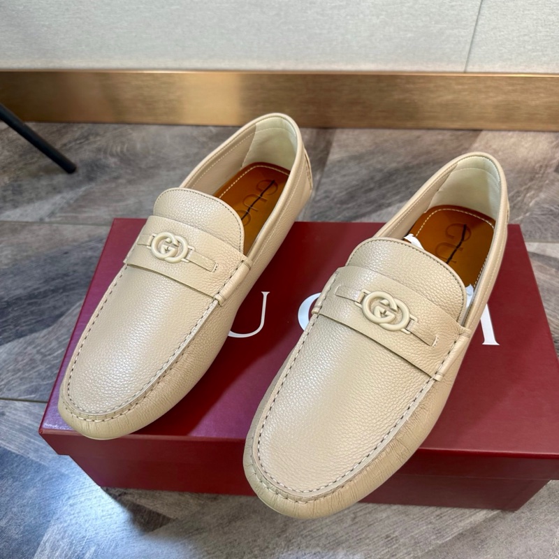 全新 Gucci 古馳 經典款雙G logo 豆豆鞋 休閒鞋 駕車鞋 顆粒牛皮男款 奶茶灰色 鞋標塗標 尺碼:44碼-1