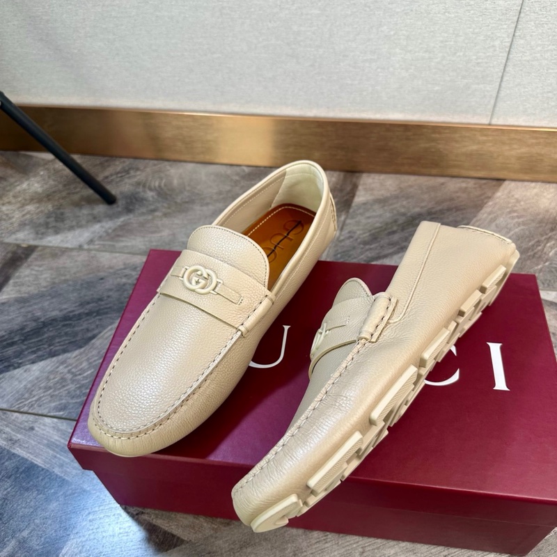 全新 Gucci 古馳 經典款雙G logo 豆豆鞋 休閒鞋 駕車鞋 顆粒牛皮男款 奶茶灰色 鞋標塗標 尺碼:44碼-3