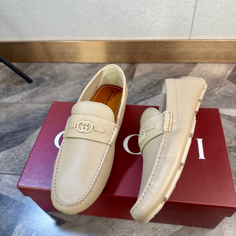 全新 Gucci 古馳 經典款雙G logo 豆豆鞋 休閒鞋 駕車鞋 顆粒牛皮男款 奶茶灰色 鞋標塗標 尺碼:44碼-4