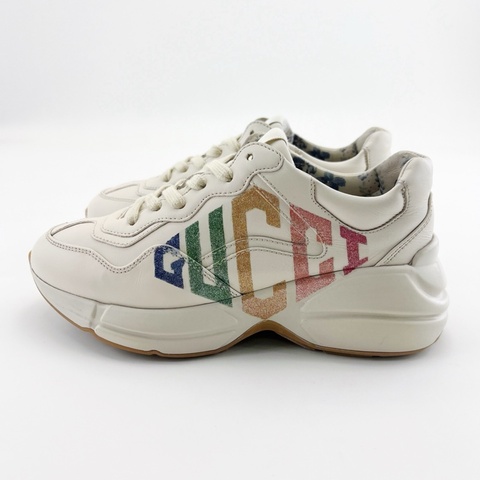GUCCI古馳/米白色彩虹炫彩字母logo老爹鞋/95新35.5碼