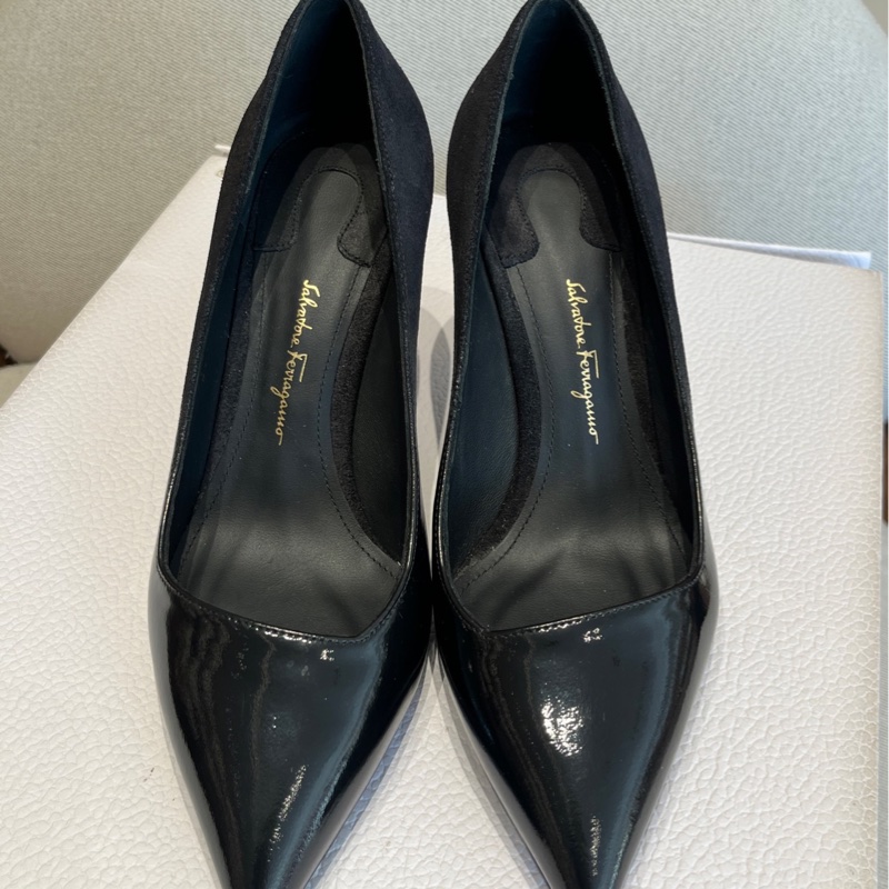 Salvatore Ferragamo菲拉格慕黑色拼皮尖頭高跟鞋36碼-1