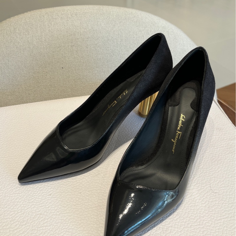Salvatore Ferragamo菲拉格慕黑色拼皮尖頭高跟鞋36碼-2