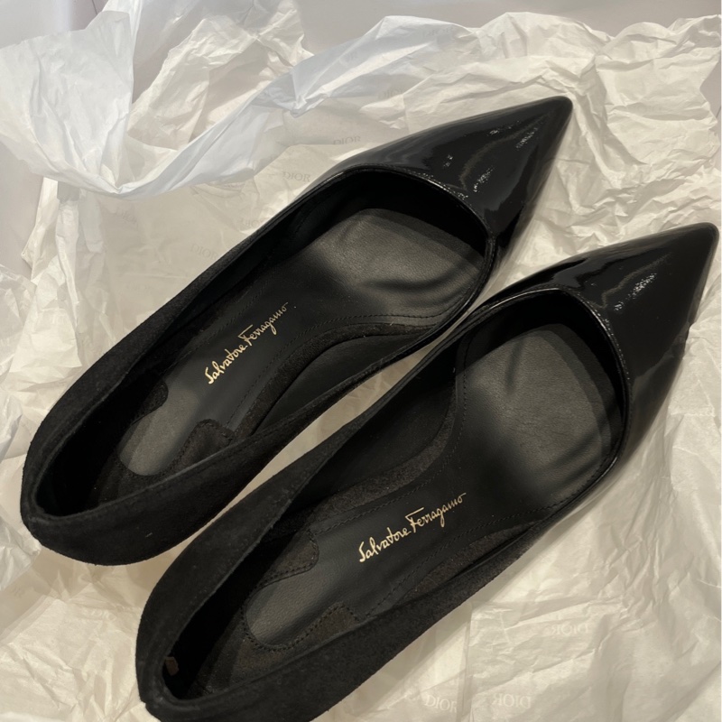 Salvatore Ferragamo菲拉格慕黑色拼皮尖頭高跟鞋36碼-3