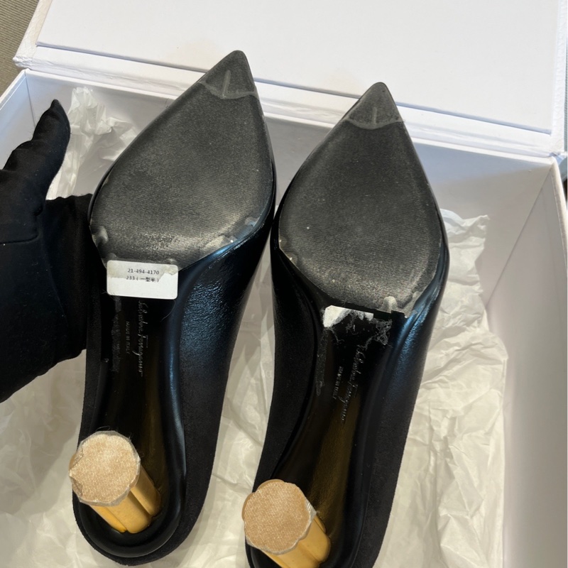 Salvatore Ferragamo菲拉格慕黑色拼皮尖頭高跟鞋36碼-7