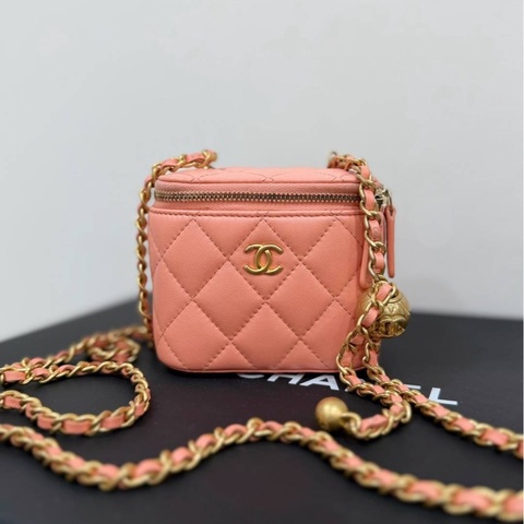 chanel 香奈兒 鮭魚粉 金球 化妝包 斜背包 肩背包 手提包 小廢包 小盒子