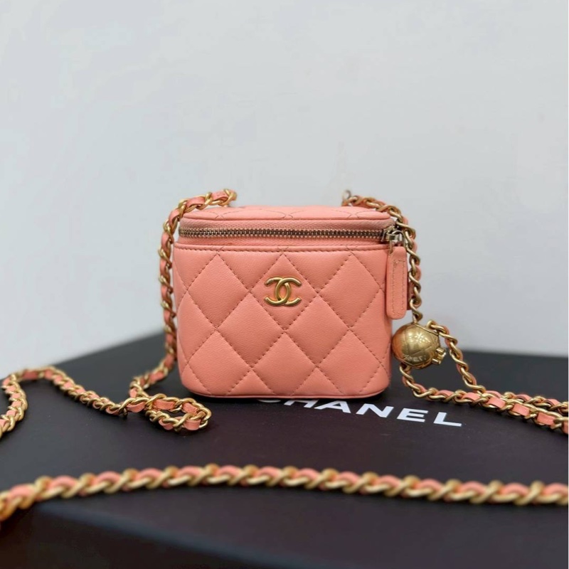 chanel 香奈兒 鮭魚粉 金球 化妝包 斜背包 肩背包 手提包 小廢包 小盒子-1