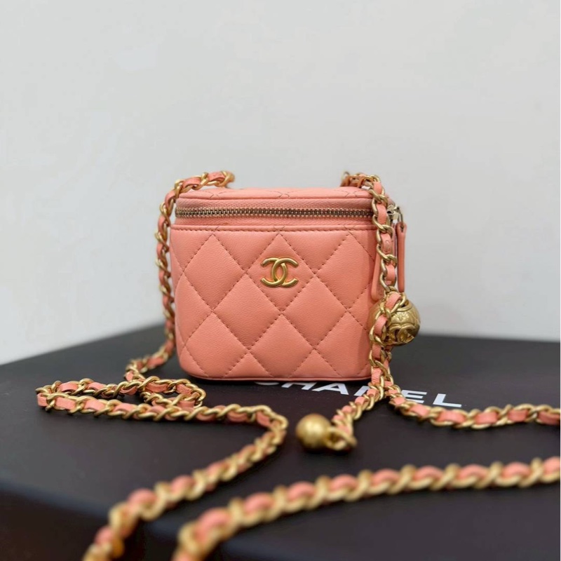 chanel 香奈兒 鮭魚粉 金球 化妝包 斜背包 肩背包 手提包 小廢包 小盒子-6
