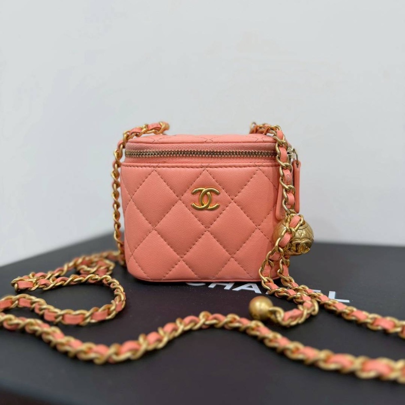 chanel 香奈兒 鮭魚粉 金球 化妝包 斜背包 肩背包 手提包 小廢包 小盒子-7