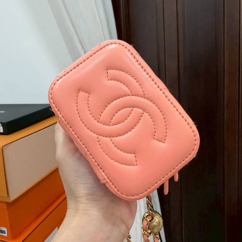 chanel 香奈兒 鮭魚粉 金球 化妝包 斜背包 肩背包 手提包 小廢包 小盒子-8