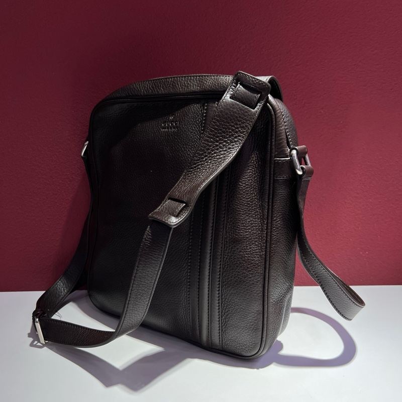 古馳/Gucci 光滑荔枝紋牛皮 咖啡色 包王 棕色竪版郵差包 斜挎包 尺寸:26*6*28 cm-2