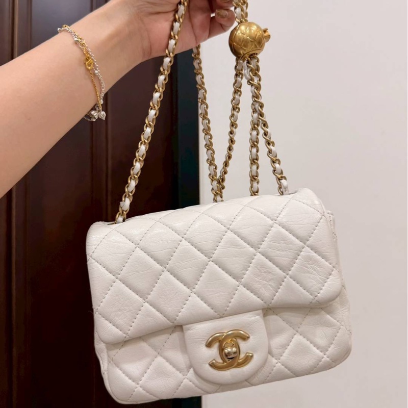 CHANEL 香奈兒 仙女白 金球 方胖 方胖子 CF 斜背包 肩背包 側背包-0