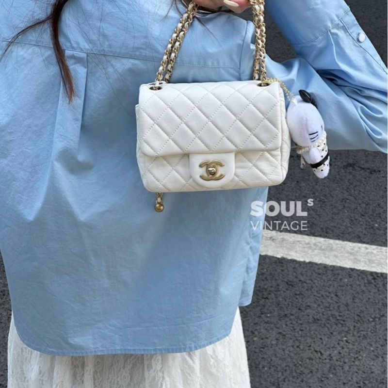 CHANEL 香奈兒 仙女白 金球 方胖 方胖子 CF 斜背包 肩背包 側背包-3