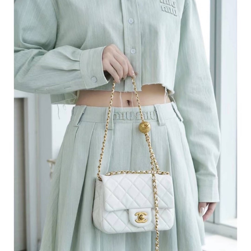 CHANEL 香奈兒 仙女白 金球 方胖 方胖子 CF 斜背包 肩背包 側背包-5