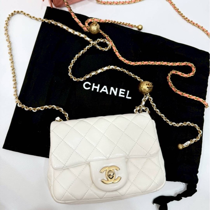 CHANEL 香奈兒 仙女白 金球 方胖 方胖子 CF 斜背包 肩背包 側背包-6
