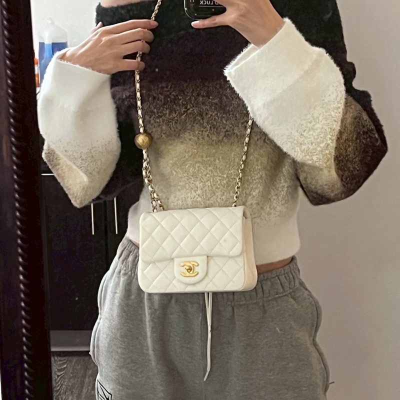 CHANEL 香奈兒 仙女白 金球 方胖 方胖子 CF 斜背包 肩背包 側背包-8