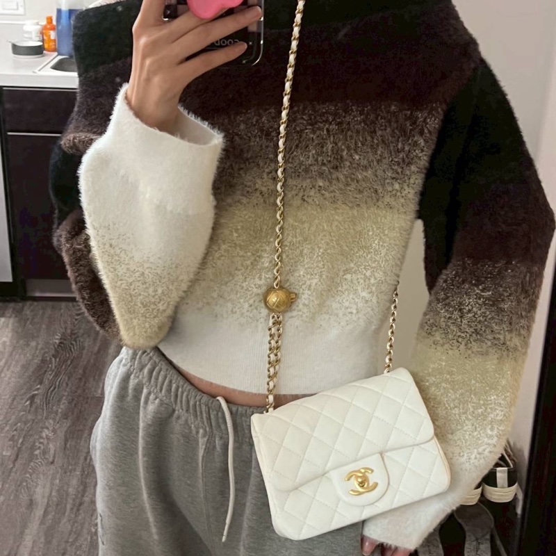 CHANEL 香奈兒 仙女白 金球 方胖 方胖子 CF 斜背包 肩背包 側背包-10