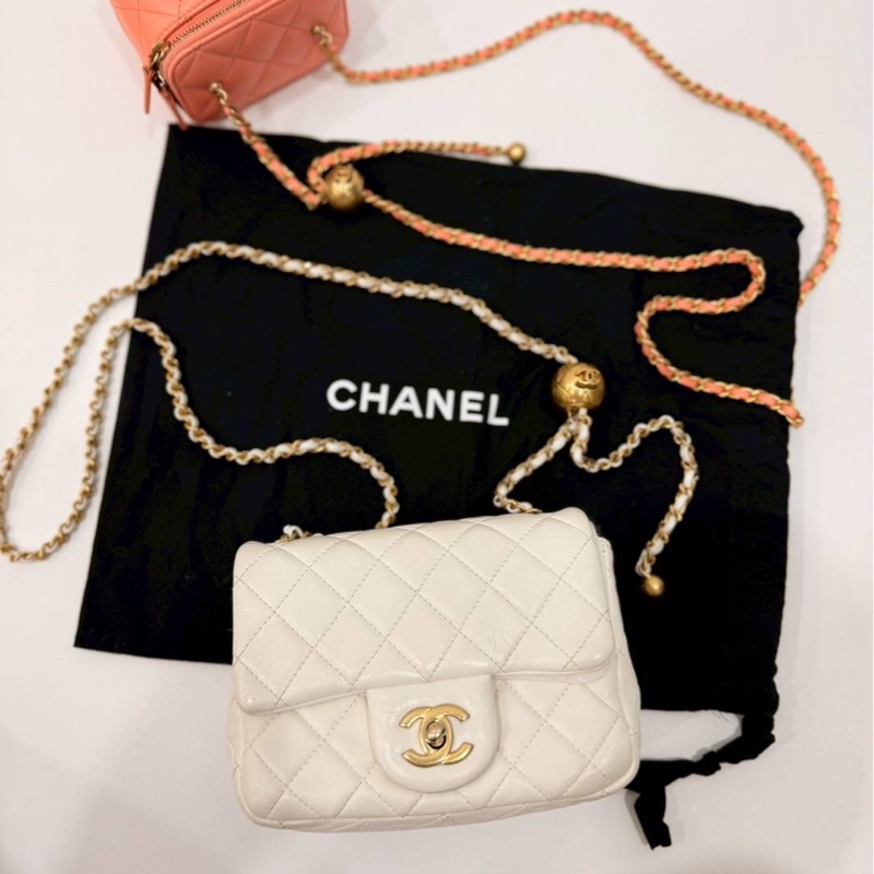 CHANEL 香奈兒 仙女白 金球 方胖 方胖子 CF 斜背包 肩背包 側背包-11