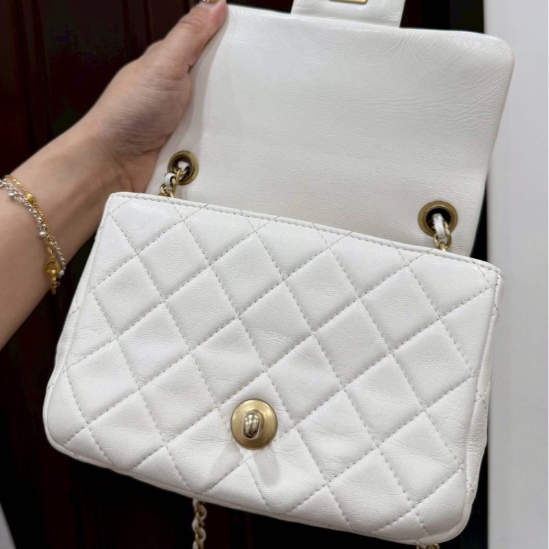 CHANEL 香奈兒 仙女白 金球 方胖 方胖子 CF 斜背包 肩背包 側背包-12