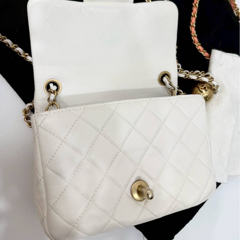 CHANEL 香奈兒 仙女白 金球 方胖 方胖子 CF 斜背包 肩背包 側背包-13