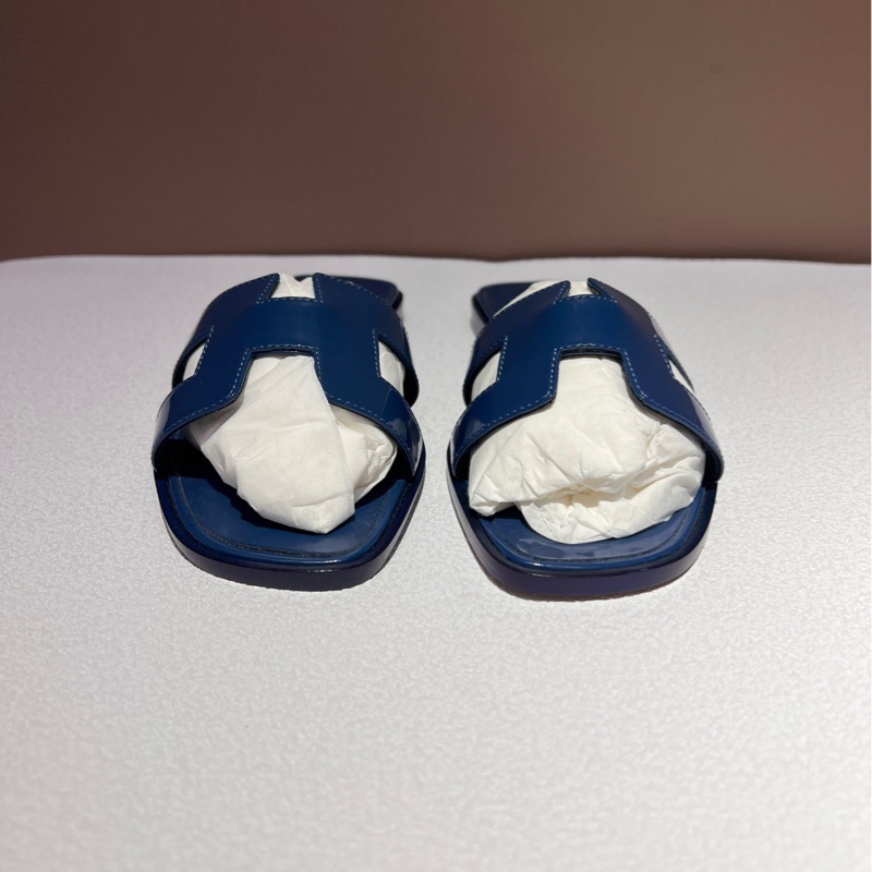 閒置新未使用 Hermes 愛馬仕 藍色漆皮拖鞋 37碼 附件 防塵袋-3