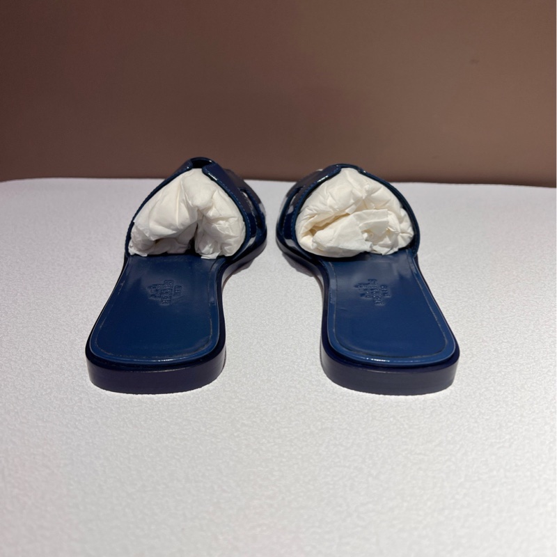 閒置新未使用 Hermes 愛馬仕 藍色漆皮拖鞋 37碼 附件 防塵袋-4