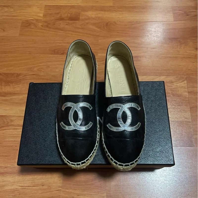 Chanel正品香奈兒漁夫鞋 羊皮材質 平底鞋黑色 36碼-0
