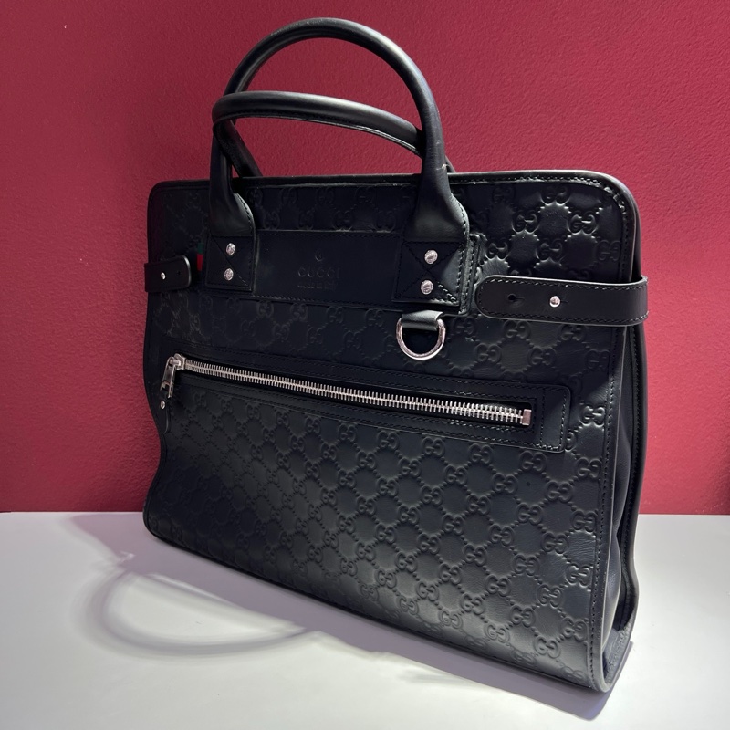 古馳/Gucci 經典老花黑色壓印 黑色牛皮公文包 手提包 尺寸:42 x 9 x 32 cm-2