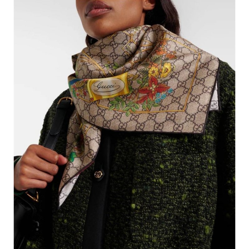 GUCCI 古馳 印花桑蠶絲斜紋方巾~95新閒置品-0