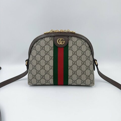 GUCCI老花拼咖啡色皮革綠紅綠織帶OPHIDIA貝殼包499621