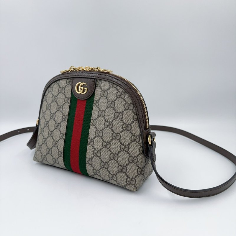 GUCCI老花拼咖啡色皮革綠紅綠織帶OPHIDIA貝殼包499621-1