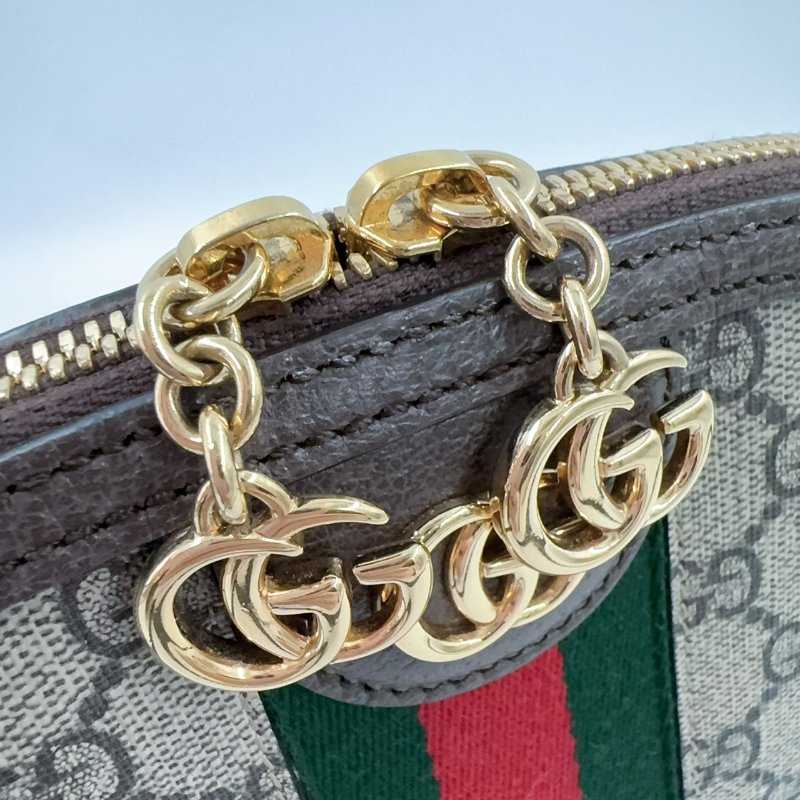 GUCCI老花拼咖啡色皮革綠紅綠織帶OPHIDIA貝殼包499621-12