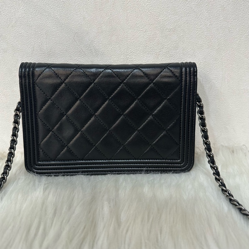 Chanel 黑皮銀釦格紋boy woc 斜背包-2