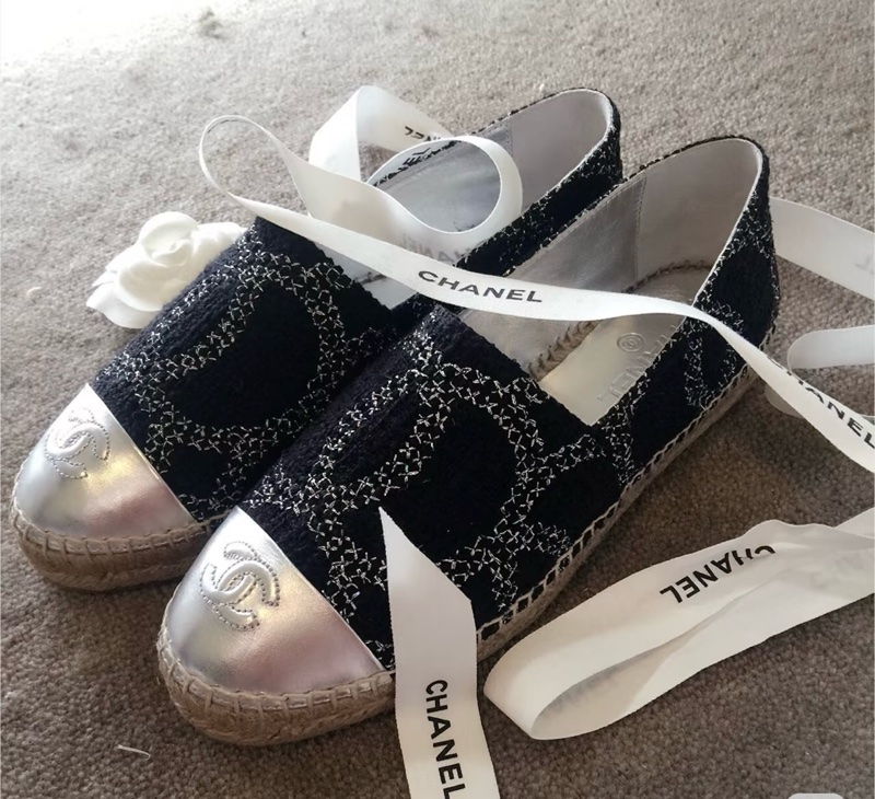 近新Chanel香奈兒大雙C logo鉛筆鞋彩色織線毛呢黑銀配刺繡草編鞋漁夫鉛筆鞋36號-0