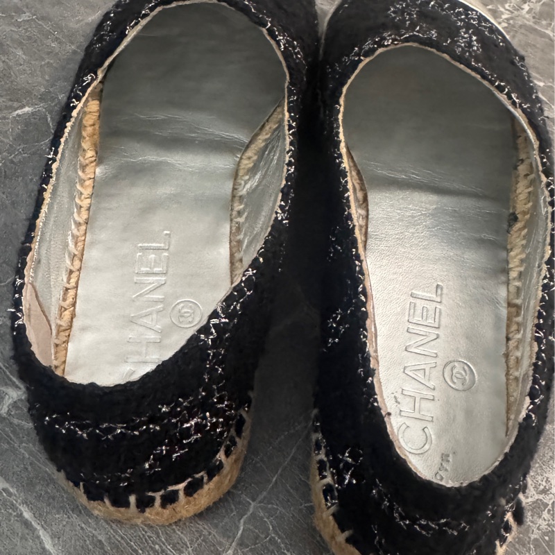 近新Chanel香奈兒大雙C logo鉛筆鞋彩色織線毛呢黑銀配刺繡草編鞋漁夫鉛筆鞋36號-8