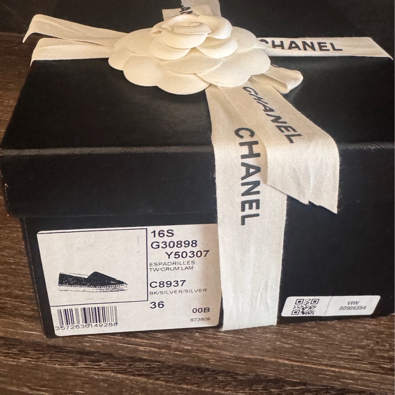 近新Chanel香奈兒大雙C logo鉛筆鞋彩色織線毛呢黑銀配刺繡草編鞋漁夫鉛筆鞋36號-11