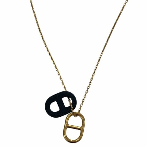 HERMES 豬鼻子吊飾項鍊 金色金屬 / 黑色皮革